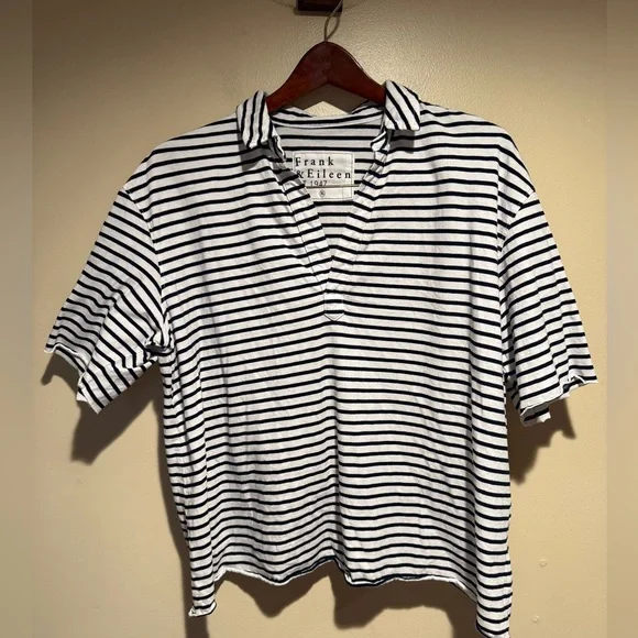 Frank & Eileen Patty Popover short-sleeve Henley white & navy striped XL - Picture 3 of 8